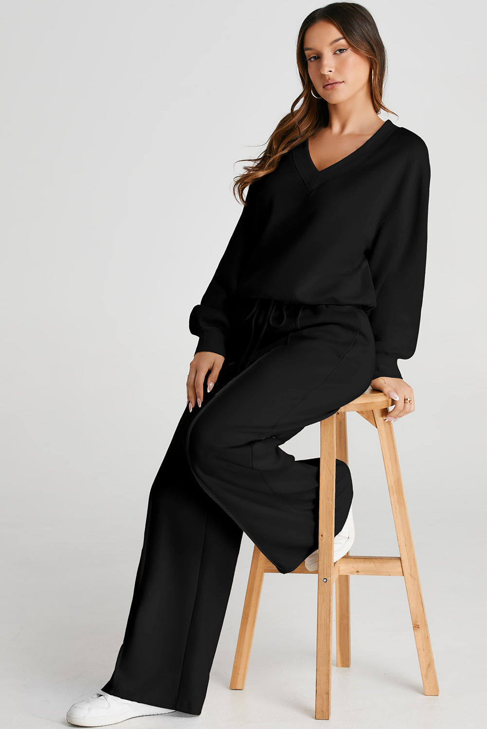 Black V Neck Cropped Seamed High Waist
