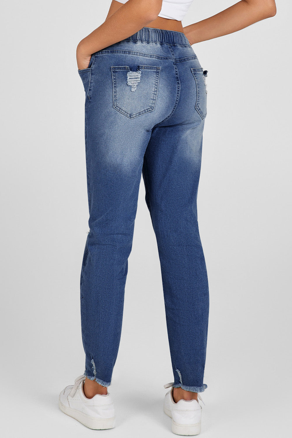 Elastic Waist Straight Leg Destroyed Raw Hem Jeans
