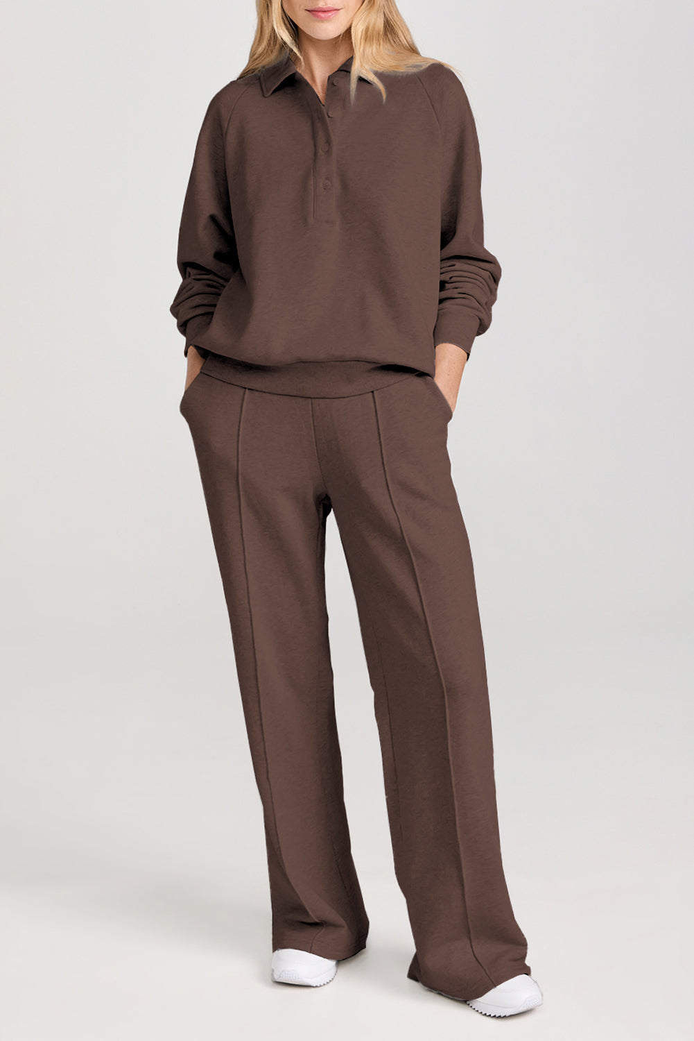 Solid Collared Sweatshirt and High Waist Pants
