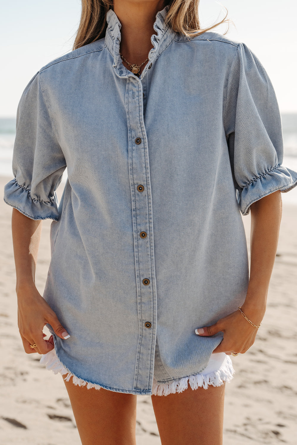 Ruffle Short Puff Sleeve Summer Chambray Shirt