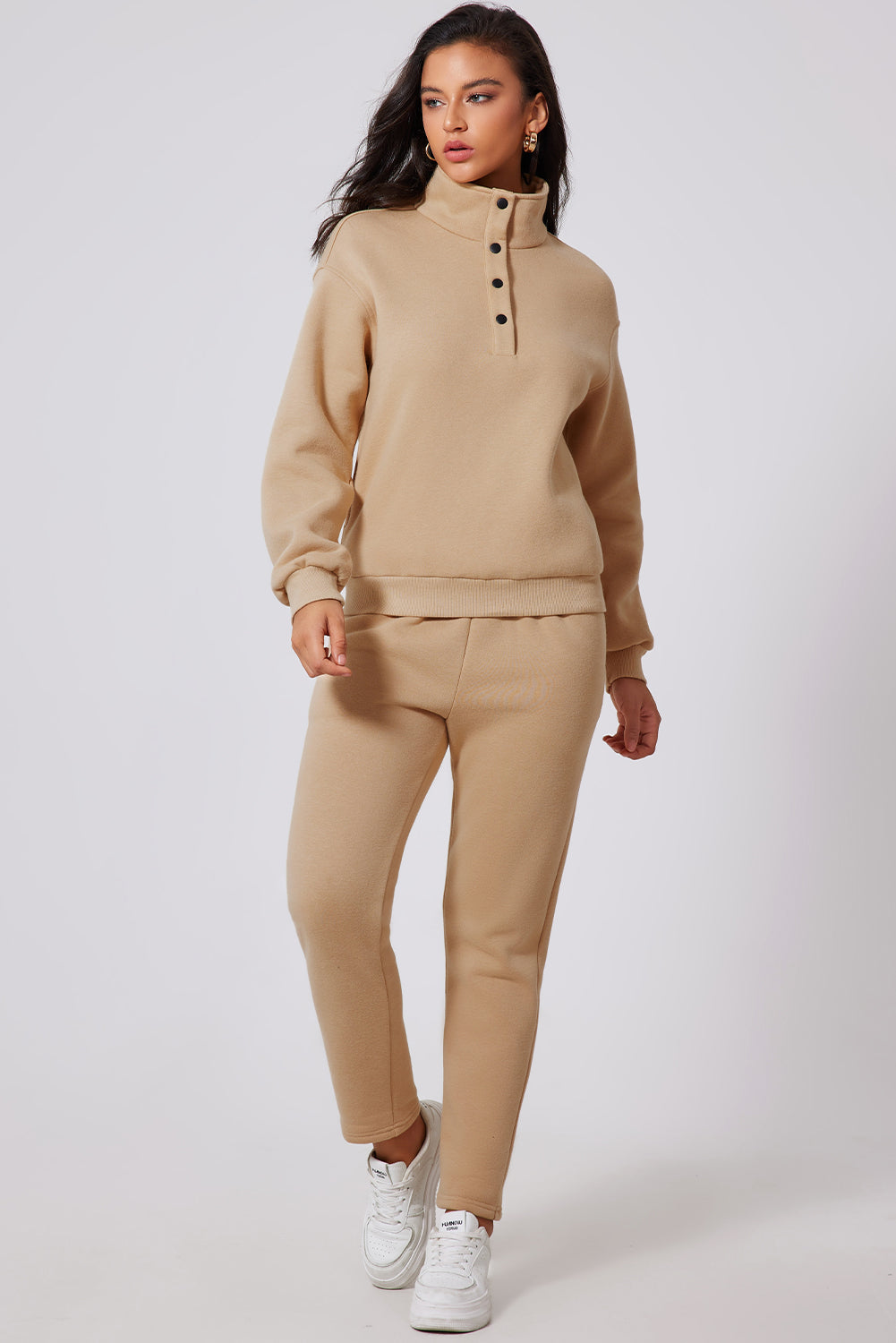 Parchment Solid Half Button Sweatshirt and High Waist